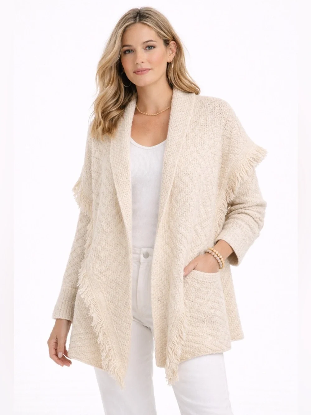 Angel of the North Fringe Cardigan Ivory Knit Boho Chevron Open Front Sweater M